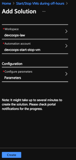 Automation account Start/Stop VM solution config