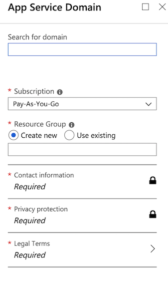 Create App Service Domain main view