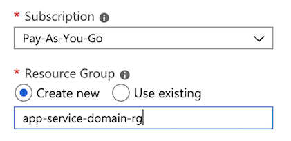 Create App Service Domain main view subscription-and-resource-group