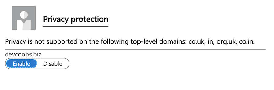 Create App Service Domain main view privacy-protection